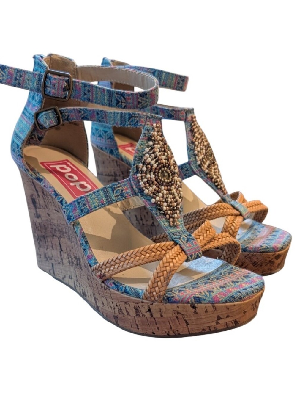 POP Stardust Boho Beaded Cork Platform Wedge Sandals Blue Tan 7M Geometric boho